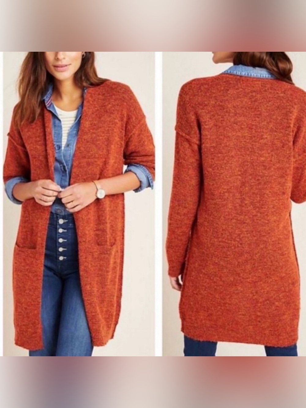 Anthropologie Jolie Open Long Cardigan Lightweight Sweater Sz M orange
